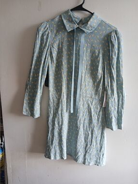 Reformation Pale Blue Long Sleeve Floral Tie-Neck Dress